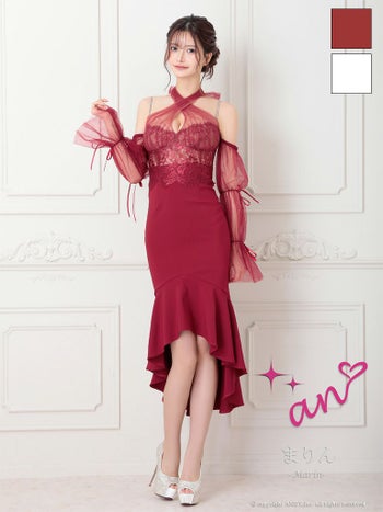 キャバドレス an ホルターネック 肩あき シアースリーブ ネックリボン 裾フリル タイト膝丈ドレス