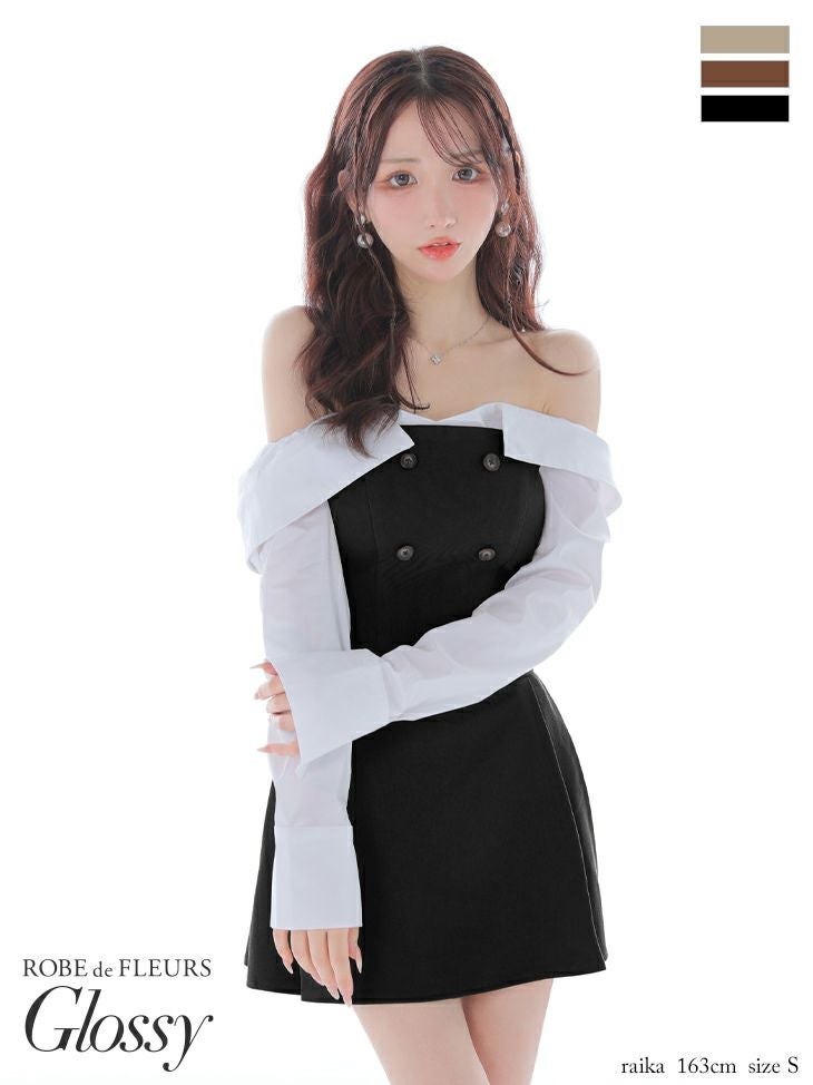 キャバドレス Glossy by ROBE de FLEURS グロッシー フショルダー ベアデザイン フロントボタン 長袖 セットアップ セクシー 2way フレアミニドレス