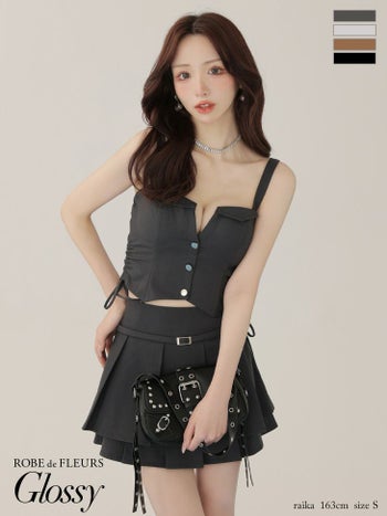 キャバドレス Glossy by ROBE de FLEURS グロッシー セクシー キャミソール Vカット ウエストベルト ドロストデザイン プリーツ セットアップ フレアミニドレス