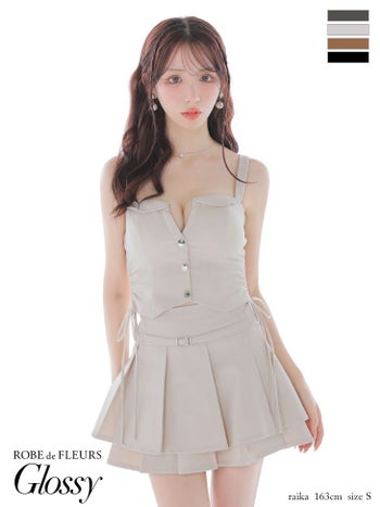 キャバドレス Glossy by ROBE de FLEURS グロッシー キャミソール Vカット ウエストベルト ドロストデザイン プリーツ セットアップ セクシー フレアミニドレス