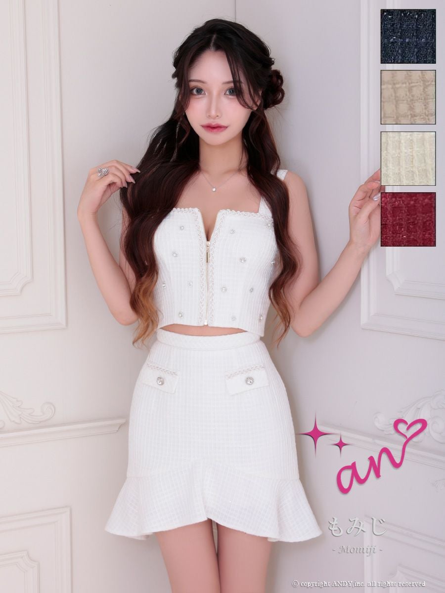 キャバドレス an セットアップ ジップデザイン ノースリーブ 裾フリル ドット柄 ビジュー タイトミニドレス