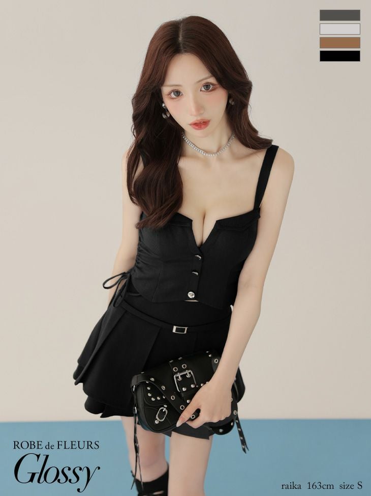 キャバドレス Glossy by ROBE de FLEURS グロッシー ウエストベルト ドロストデザイン プリーツ セットアップ セクシー キャミソール Vカット フレアミニドレス