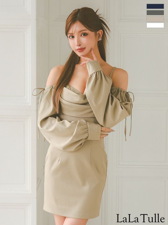 キャバドレス Angel R エンジェルアール バストドレープ 肩あき 長袖 ワンカラー 2way リボン タイトミニドレス