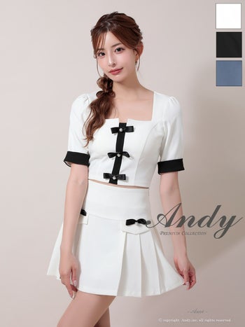 キャバドレス Andy 半袖 セットアップ バイカラー リボン ボタン スクエアネック プリーツ フレアミニドレス