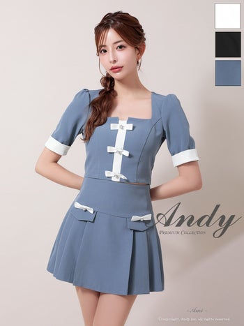 キャバドレス Andy セットアップ 半袖 バイカラー リボン ボタン スクエアネック プリーツ フレアミニドレス