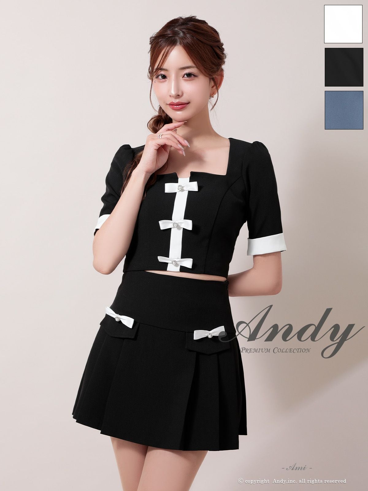 キャバドレス Andy セットアップ バイカラー 半袖 リボン ボタン スクエアネック プリーツ フレアミニドレス