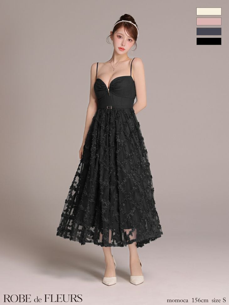 キャバドレス ROBEdeFLEURS ローブドフルール フラワーレース ジップデザイン キャミソール ウエストベルト Aラインロングドレス