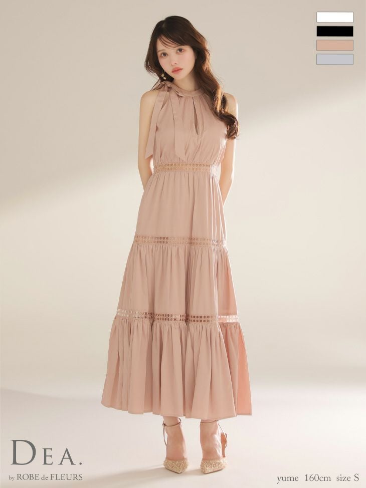 キャバドレス DEA. ROBE de FLEURS ディア ローブドフルール エレガント ワンカラー ホルターネック リボンタイ スカラップレース Aラインロングドレス