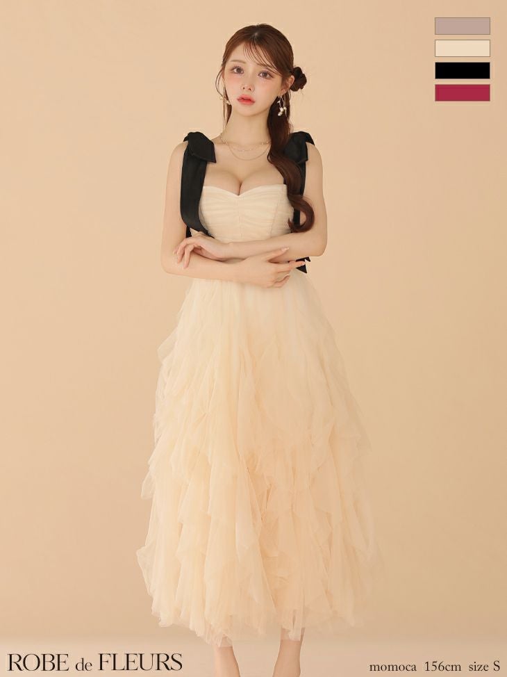 キャバドレス ROBEdeFLEURS ローブドフルール ボリューム チュール ノースリーブ リボンショルダー Aラインロングドレス