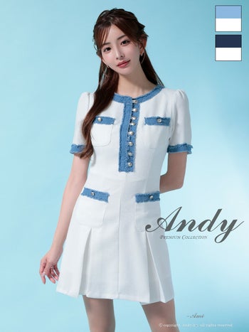 キャバドレス Andy 半袖 バイカラー デニム ボタン プリーツ フレアミニドレス