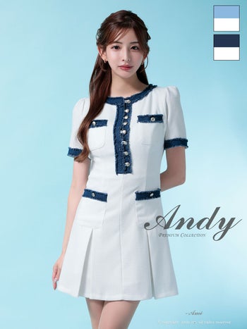 キャバドレス Andy バイカラー 半袖 デニム ボタン プリーツ フレアミニドレス