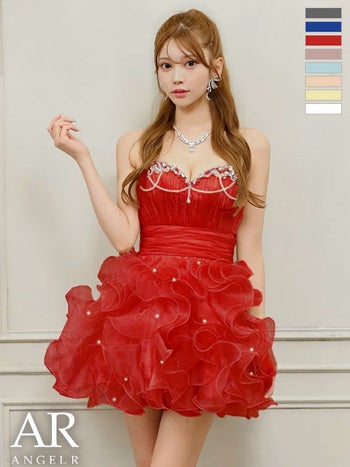 キャバドレス Angel R エンジェルアール ベアトップス ハートカット キャミソール ビジュー パールチェーン ウエストマーク フリル バースデー フレアミニドレス