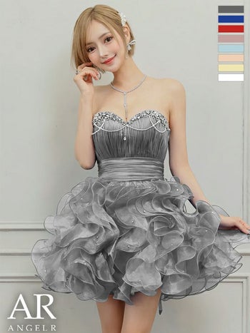 キャバドレス Angel R エンジェルアール ハートカット キャミソール ビジュー パールチェーン ウエストマーク フリル バースデー ベアトップス フレアミニドレス