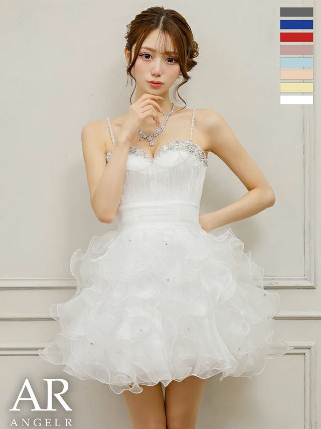 キャバドレス Angel R エンジェルアール ビジュー パールチェーン ウエストマーク フリル バースデー ベアトップス ハートカット キャミソール フレアミニドレス