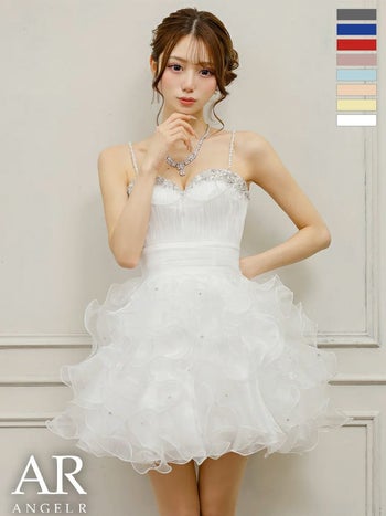 キャバドレス Angel R エンジェルアール ビジュー パールチェーン ウエストマーク フリル バースデー ベアトップス ハートカット キャミソール フレアミニドレス