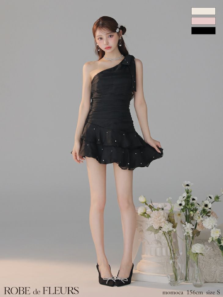 キャバドレス ROBEdeFLEURS ローブドフルール ビッグリボン ビジュー ワンショルダー ガーリー アシンメトリー フリル ティアードスカート フレアミニドレス