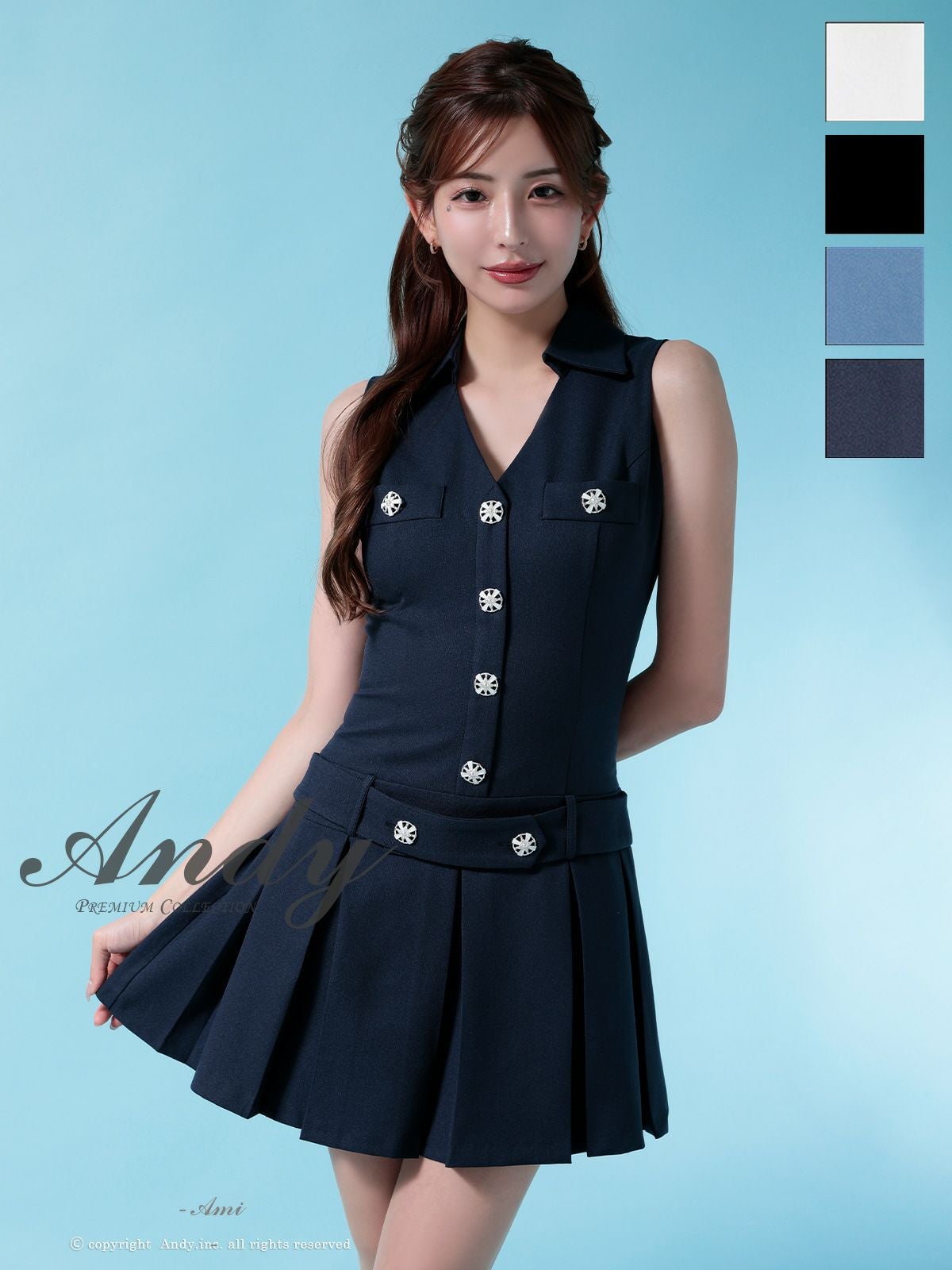 キャバドレス Andy アンディ プリーツ Vネック 襟付き フロントボタン シンプル ノースリーブ フレアミニドレス