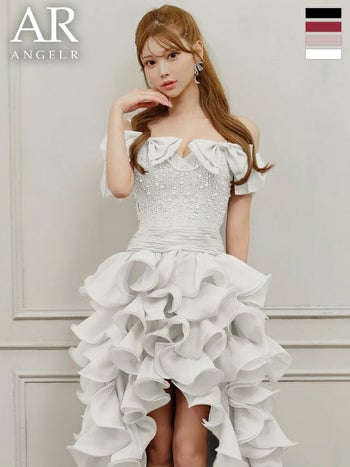 キャバドレス Angel R エンジェルアール オフショルダー 肩あき ハートカット リボン ビジュー ウエストマーク フリル バースデー 2way ロングテールドレス