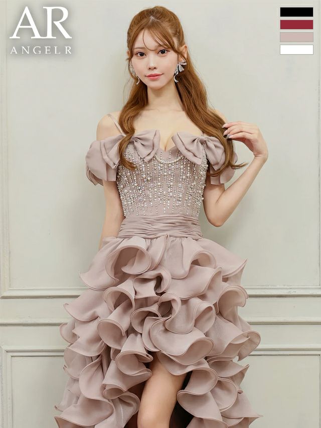 キャバドレス Angel R エンジェルアール 肩あき ハートカット リボン ビジュー ウエストマーク フリル バースデー 2way オフショルダー ロングテールドレス