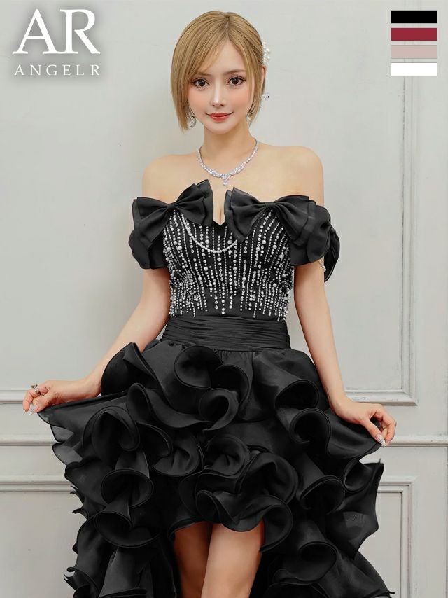 キャバドレス Angel R エンジェルアール ハートカット リボン ビジュー ウエストマーク フリル バースデー 2way オフショルダー 肩あき ロングテールドレス