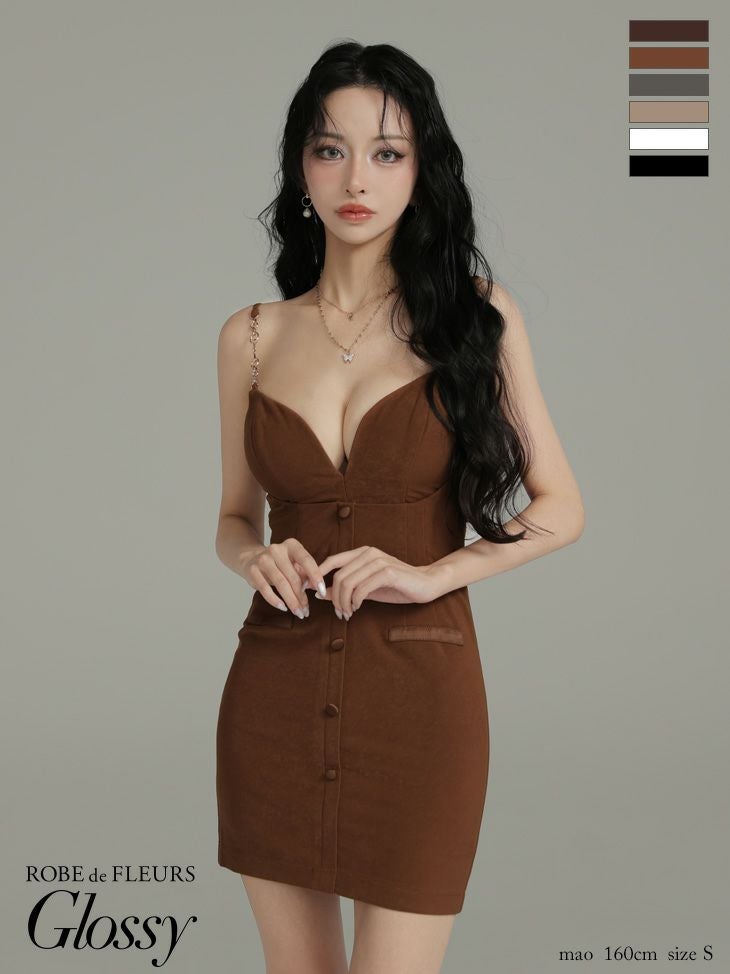 キャバドレス Glossy by ROBE de FLEURS グロッシー キャミソール オープンバスト フロントボタン フェイクスエード セクシー タイトミニドレス
