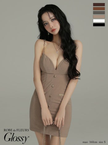 キャバドレス Glossy by ROBE de FLEURS グロッシー フロントボタン フェイクスエード セクシー キャミソール オープンバスト タイトミニドレス