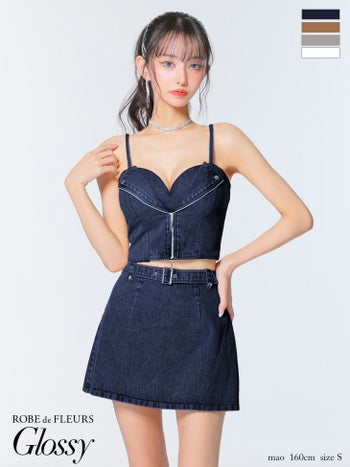 キャバドレス Glossy ROBE de FLEURS グロッシー ローブドフルール ジップデザイン デニム キャミソール セットアップ ウエストベルト ハートカット タイトミニドレス