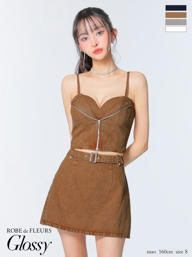 キャバドレス Glossy ROBE de FLEURS グロッシー ローブドフルール キャミソール セットアップ ジップデザイン デニム ウエストベルト ハートカット タイトミニドレス