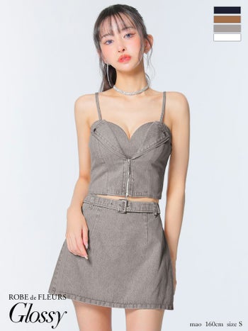 キャバドレス Glossy ROBE de FLEURS グロッシー ローブドフルール ウエストベルト ハートカット ジップデザイン デニム キャミソール セットアップ タイトミニドレス