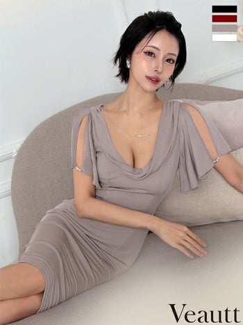 キャバドレス Veautt ヴュート エレガント バストドレープ 半袖 フレア スリット パールチャーム 膝丈ドレス