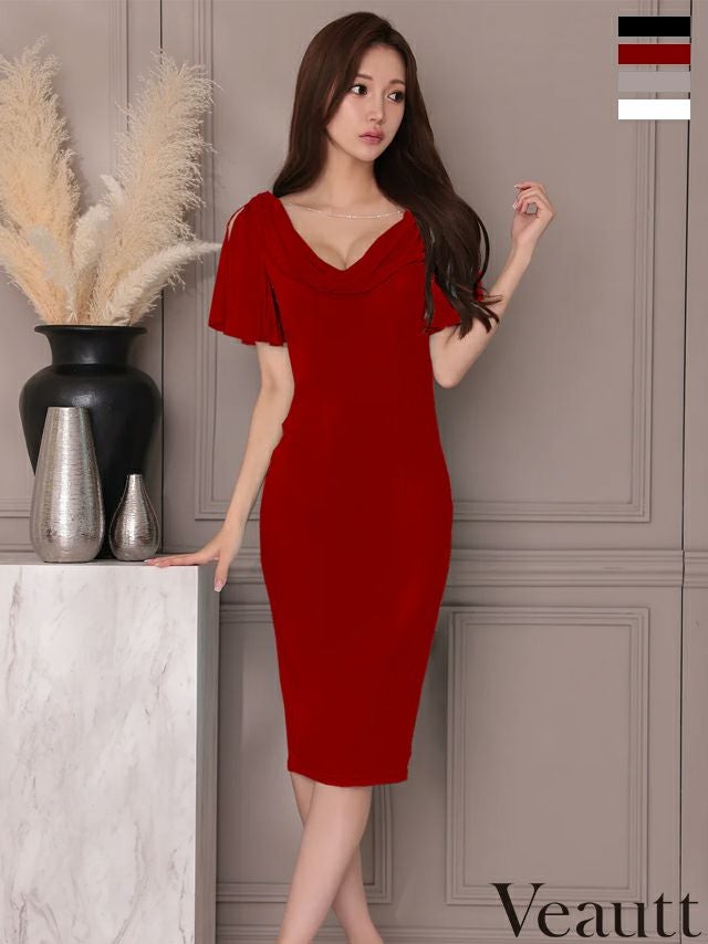 キャバドレス Veautt ヴュート バストドレープ 半袖 フレア スリット パールチャーム エレガント 膝丈ドレス