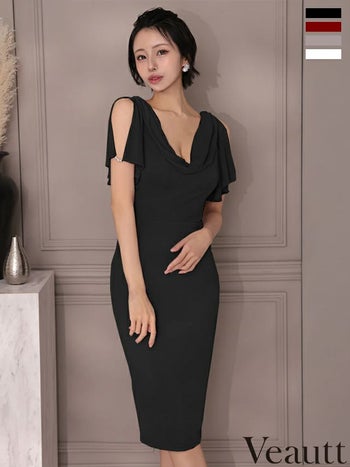 キャバドレス Veautt ヴュート 半袖 フレア スリット パールチャーム エレガント バストドレープ 膝丈ドレス