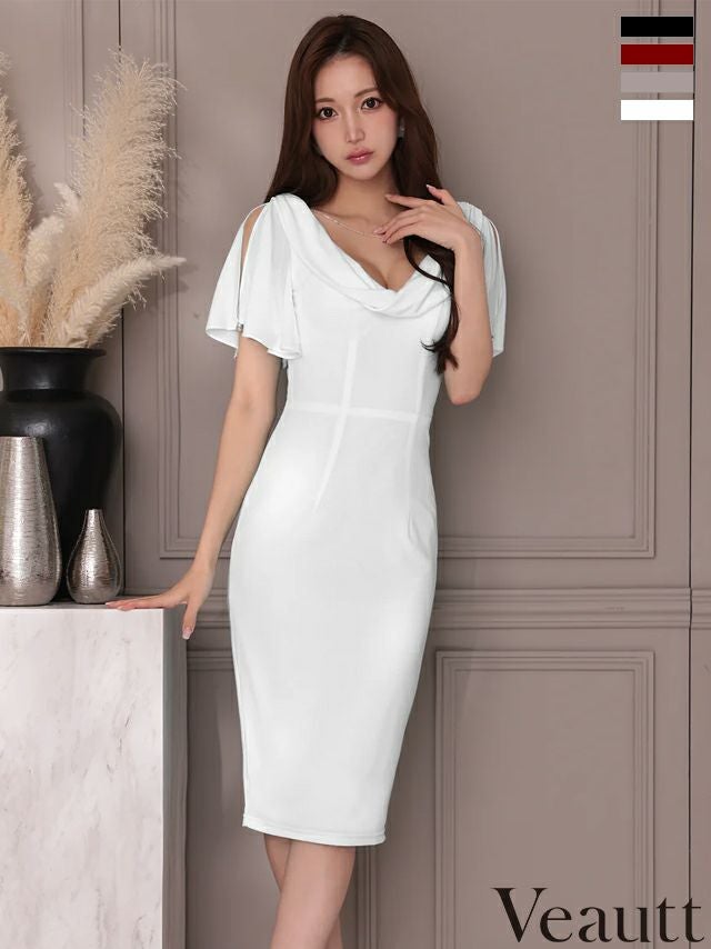 キャバドレス Veautt ヴュート フレア スリット パールチャーム エレガント バストドレープ 半袖 膝丈ドレス