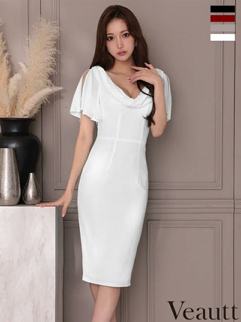 キャバドレス Veautt ヴュート フレア スリット パールチャーム エレガント バストドレープ 半袖 膝丈ドレス