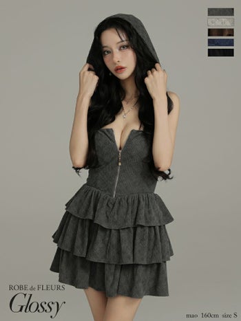 キャバドレス Glossy ROBE de FLEURS グロッシー ローブドフルール 2way フーディー ティアード ジップデザイン チェック柄 ベアトップ ノースリーブ フレアミニドレス