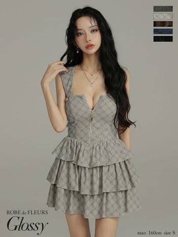 キャバドレス Glossy ROBE de FLEURS グロッシー ローブドフルール フーディー ティアード 2way ジップデザイン チェック柄 ベアトップ ノースリーブ フレアミニドレス
