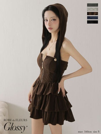 キャバドレス Glossy ROBE de FLEURS グロッシー ローブドフルール 2way チェック柄 ベアトップ フーディー ティアード ジップデザイン ノースリーブ フレアミニドレス