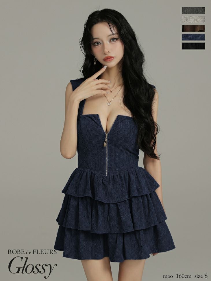 キャバドレス Glossy ROBE de FLEURS グロッシー ローブドフルール ジップデザイン チェック柄 2way フーディー ティアード ベアトップ ノースリーブ フレアミニドレス