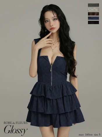 キャバドレス Glossy ROBE de FLEURS グロッシー ローブドフルール ジップデザイン チェック柄 2way フーディー ティアード ベアトップ ノースリーブ フレアミニドレス