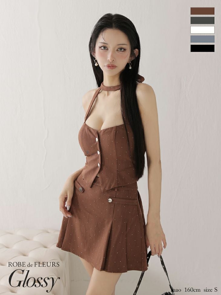 キャバドレス Glossy ROBE de FLEURS グロッシー ローブドフルール ホルターネック ストーン付き セットアップ セクシー ドット柄 フレアミニドレス