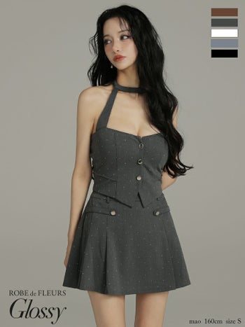 キャバドレス Glossy ROBE de FLEURS グロッシー ローブドフルール セットアップ セクシー ドット柄 ホルターネック ストーン付き フレアミニドレス 
