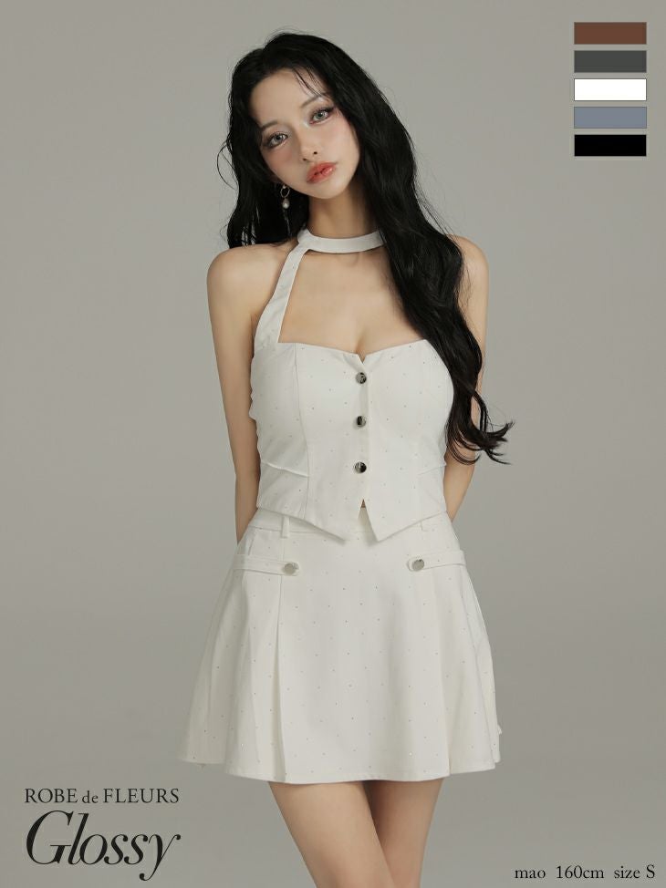 キャバドレス Glossy ROBE de FLEURS グロッシー ローブドフルール ホルターネック ストーン付き セットアップ セクシー フレアミニドレス