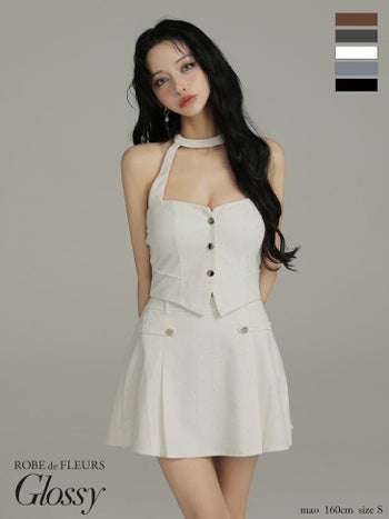 キャバドレス Glossy ROBE de FLEURS グロッシー ローブドフルール ホルターネック ストーン付き セットアップ セクシー フレアミニドレス