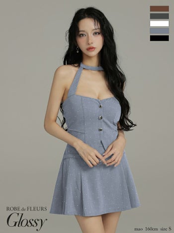 キャバドレス Glossy ROBE de FLEURS グロッシー ローブドフルール セットアップ セクシー ドット柄 ホルターネック ストーン付き フレアミニドレス