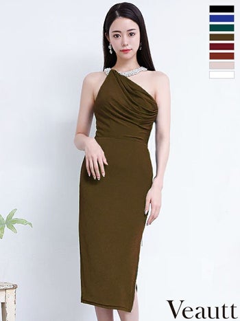 キャバドレス Veautt ヴュート ジップデザイン スリット エレガント ドレープデザイン ネックビジュー タイト ミディアム 膝丈ドレス