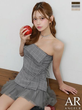 キャバドレス Angel R エンジェルアール ベアトップ チュール フリル ガーリー チェック柄 Aラインミニドレス