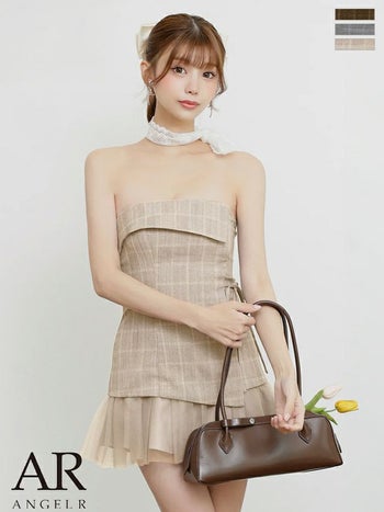 キャバドレス Angel R エンジェルアール フリル ガーリー ベアトップ チュール チェック柄 Aラインミニドレス