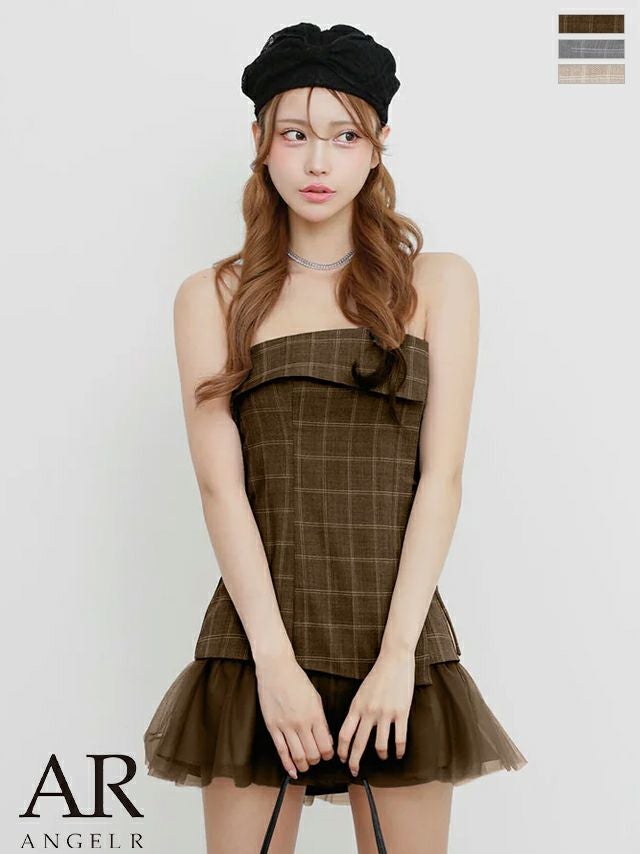 キャバドレス Angel R エンジェルアール ベアトップ チュール フリル ガーリー チェック柄 Aラインミニドレス