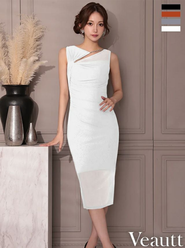 キャバドレス Veautt ヴュート ノースリーブ アシンメトリー デコルテカット ビジューチェーン シアー スリット エレガント 膝丈ドレス