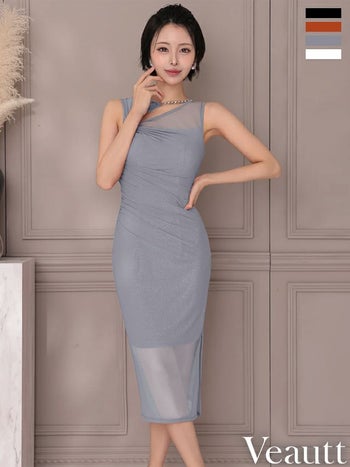 キャバドレス Veautt ヴュート アシンメトリー デコルテカット ビジューチェーン シアー スリット エレガント ノースリーブ 膝丈ドレス